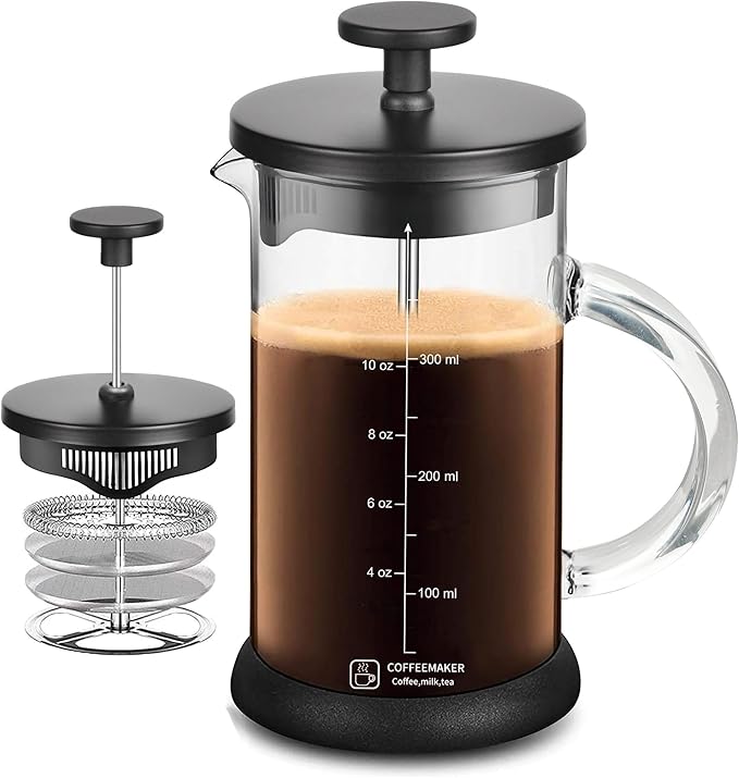 French Press Coffee Maker 12 Ounce Espresso Tea Coffee Maker with 4 Filters System, Stainless Steel Plunger and Heat Resistant Borosilicate Glass BPA-Free Brewed Tea Pot Coffee Plunger