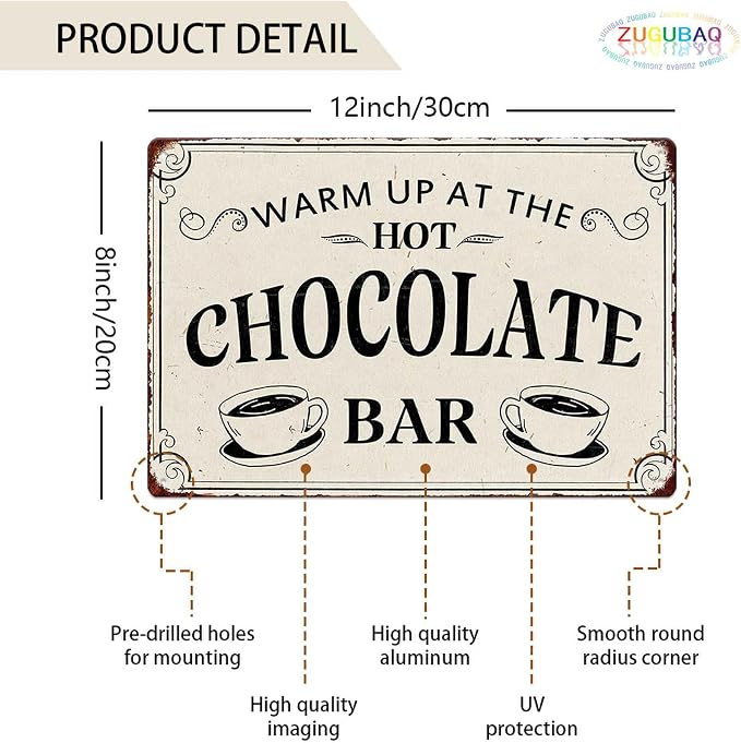 Warm Up At The Hot Chocolate Bar Metal Tin Sign Vintage Decoration Crafts Sign For Home Kitchen Farmhouse Coffee Bar Cafe Inspirational Quotes Wall Decor 8X12 Inch Christmas Gifts - Image 2