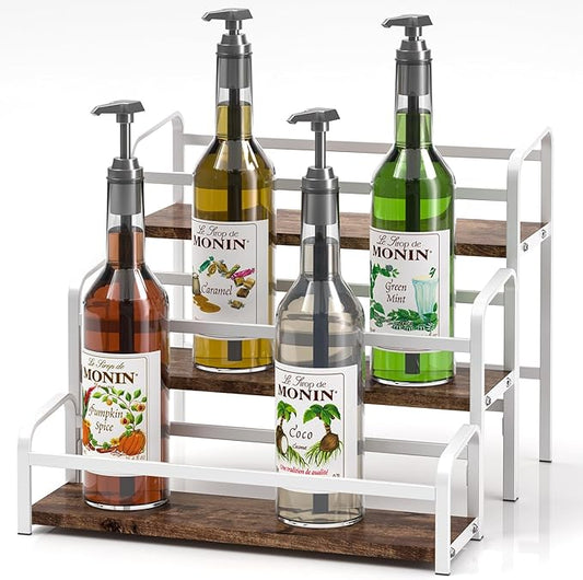 DTUQYX Coffee Syrup Organizer 3-Tier, 12 Bottles Capacity Coffee Syrup Rack, Syrup Stand for Spice, Wine, Liquor, Bottle, Coffee Bar Station Racks Magnetic, No Installation (Dark-Colored Wood, White)