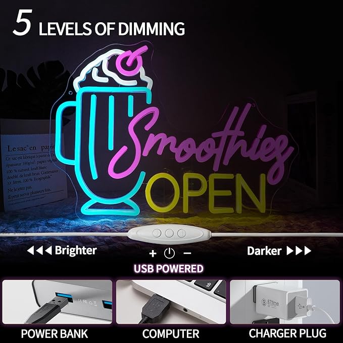Smoothies Open Neon Sign Dimmable Frozen Fruit Smoothie Neon Light Sign for Business Bar Decor Letters Ice Cream Led Signs for Beverage Dessert Shop Party Pub Cafe Room Decor Gift 16.5" x 10"