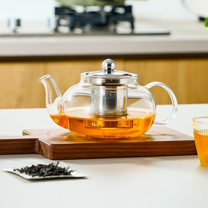 Glass Teapot Stovetop 20 OZ/600ml, Tea pot with Removable 18/8 Stainless Steel Infuser, Borosilicate Clear Tea Kettle, Teapot Blooming and Loose Leaf Tea Maker Tea Brewer for Camping, Travel