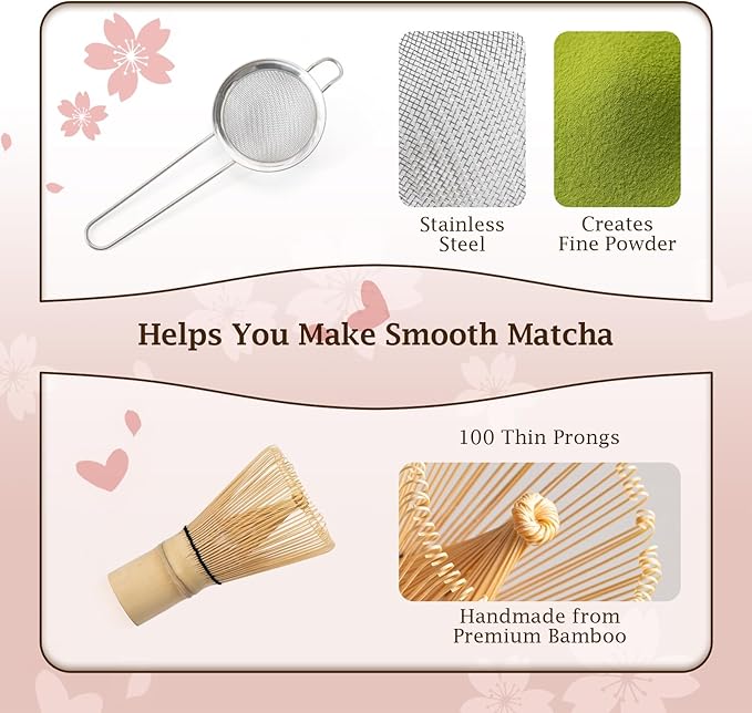 7 Pcs Matcha Whisk Set, Ceramic Matcha Bowl with Spout, Bamboo Whisk And Scoop, Stainless Steel Sifter, Ceramic Holder And Rest, Tea Towel. Full Matcha Kit Gift for Tea Lovers