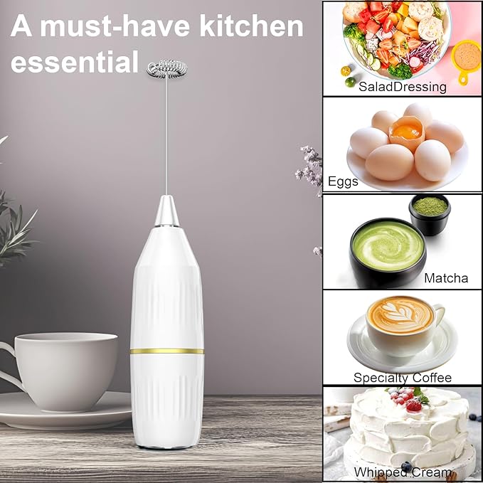 2 Pack Easy Clean Milk Frother Wand (White) | Detachable Whisk, One-Touch, Superior Frothing | Coffee, Latte, Matcha, Gift Idea