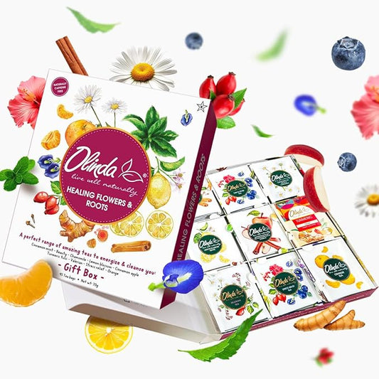 Olinda Healing Flowers & Roots Gift Box Natural Caffeine Free Tea Herbal Tea Bags Healthy Beauty Tea Wellness Stress Relief Tea Sampler Gift Set Premium 9 Vareity Individually Wrapped 45 Tea Bags 1 Tea Gift Box for Women
