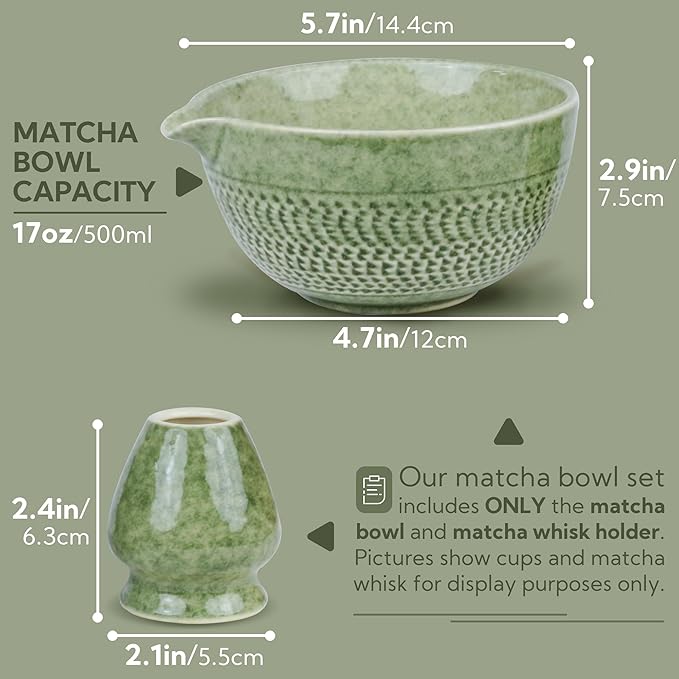 Japanese Matcha Bowl, Glazed Ceremonial Matcha Bowl with Whisk Holder for Matcha Powder/Matcha Tea/Japanese Matcha, 2 Color Options (Prasinous(Spout))