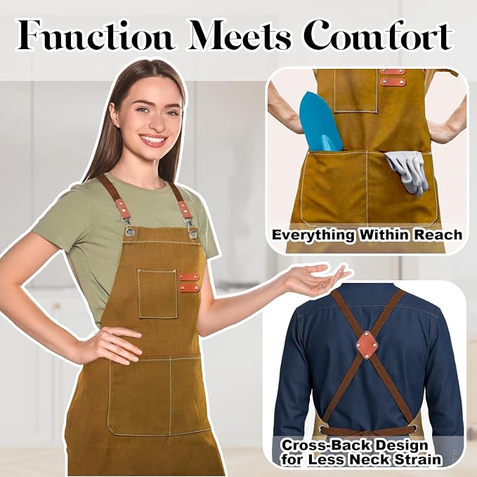 Plus Size Kitchen Apron for Men Women, Cross Back Cotton Canvas Chef Apron - Image 3