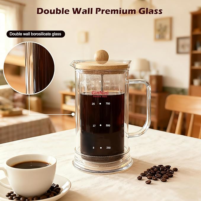 34-Ounce plastic free French Press Coffee Maker, Double Wall Glass coffee press, Stainless Steel Filter and Shaft, Bamboo Knob and Lid, Heat-Resistant tea french press no plastic large tea maker