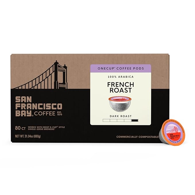 San Francisco Bay Coffee - Dark Roast - French Roast (80 ct) - Single Serve Coffee Pods, Commercially Compostable, K Cup Compatible