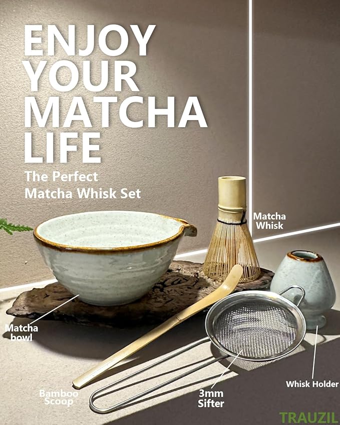 Matcha Whisk Set with Matcha Bowl, Matcha Bamboo Whisk, Scoop, Sifter, Matcha Whisk Holder Unique Gifts for Women Mom Her Girl Friend Home Kitchen Decor Gifts for Christmas, Birthday