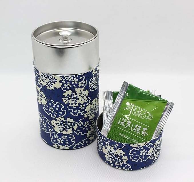 Japanese Pokkan Matcha Coffee Spice Tea Tin Canister Washi Paper Storage with Lid 7.05 oz Capacity (Hana Yukiwa)