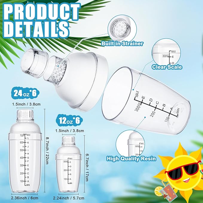 Lallisa 12 Pcs Plastic Cocktail Shaker Drink Mixer with Scales and Strainer Top Clear Shaker Cup with Measurement Plastic Mixing Tool for Tea Coffee Bubble Tea Milk(350cc/ 12 oz and 700 Cc/ 24 oz)
