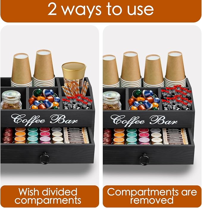 Coffee Station Organizer Pods Holder with Drawer, Farmhouse Wood Coffee Bar Accessories Decor and Tea Condiment Basket for Countertop - Image 5