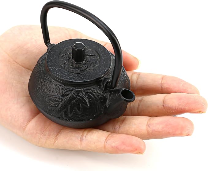 50ml(1.7oz) Mini Cast Iron Teapot, Imitation Japanese Kettle with Copper Handle and Bamboo Root Beam, Perfect for Home Tea and Coffee Serveware Decoration - Mini size only – fits in your palm