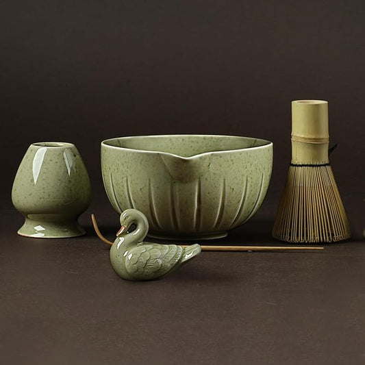 Matcha Whisk Set - 5PCS Matcha Kit for Ceremony, Ceramic Matcha Set Bowl with Spout, Bamboo Whisk(Chasen) with Ceramic Holder, Ideal Gift Christmas, Birthday, Anniversary (Matcha Green)