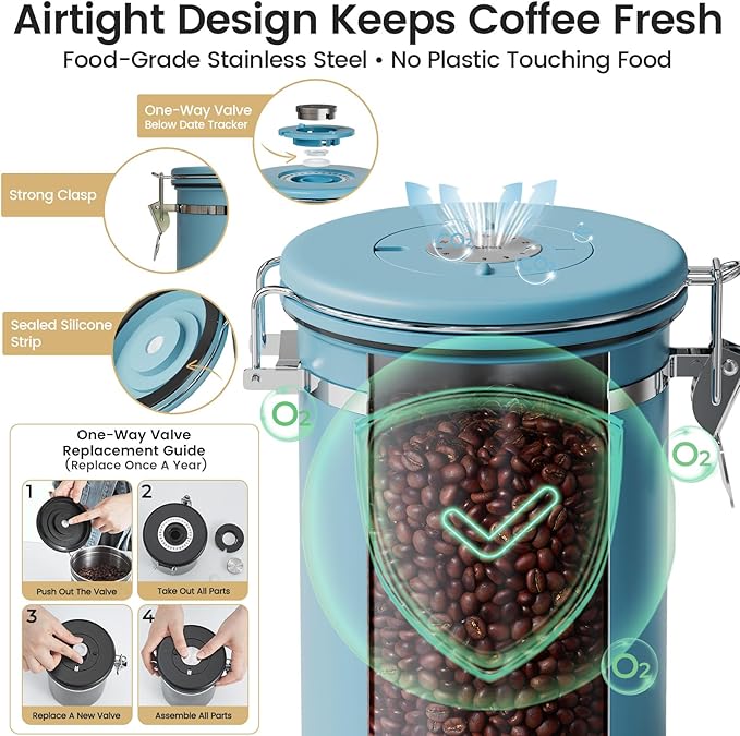 Veken Coffee Canister with Window, Easter Gifts Airtight Stainless Steel Container with Lids, Home Kitchen Food Storage Jars for Grounds, Beans, Tea, Flour, Cereal, Sugar, Basket, Scoop, 22OZ, Blue