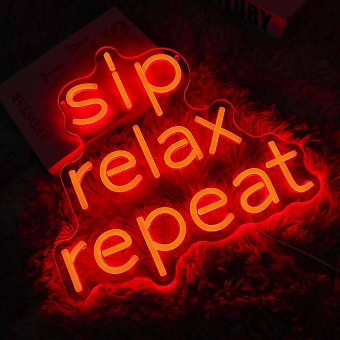 Sip Relax Repeat Neon Sign for Wall Decor Dimmable Red Led Sign for Home Bar USB Powered Coffee Neon Light for Wine Cellar Cafe Kitchen Pub Dining Room Shop Party Decor