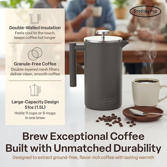 Stainless Steel French Press Coffee Maker 1.5 L (51 oz) Grey – Double Walled Insulated Large Coffee Press, Durable Design Keeps Drinks Hot, Easy to Use and Clean for Rich Flavor Brewing