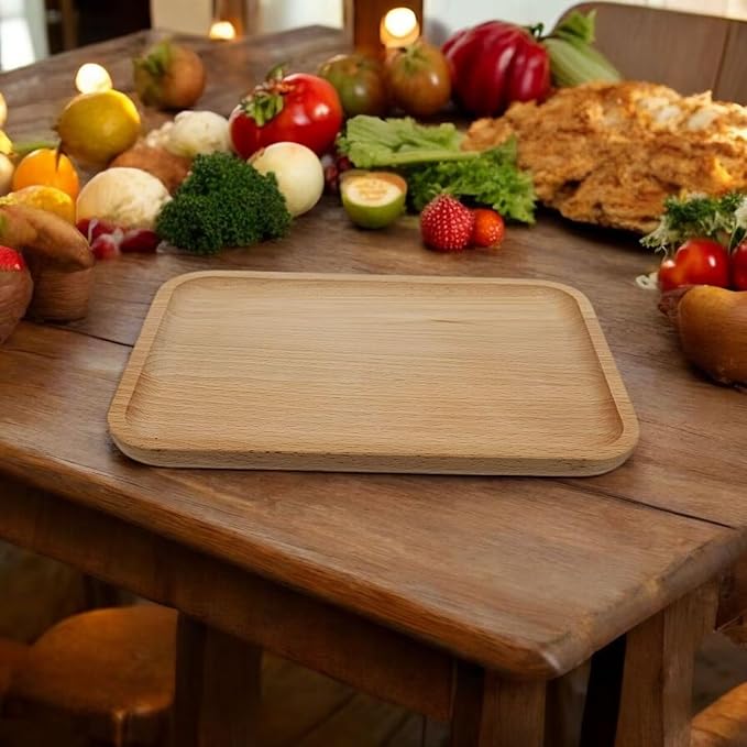 2 Pack Solid Wood Serving Platters and Trays of Natural with Edge,Rectangular Avoid Sliding and Spilling Food (Wood 10x7Inch)