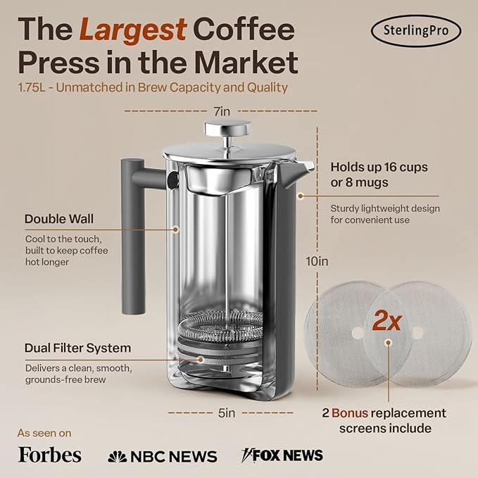 Stainless Steel French Press Coffee Maker 1.75 L (59 oz) Grey – Double Walled Insulated Extra Large French Press, Durable Design Keeps Drinks Hot, Easy to Use and Clean for Rich Flavor