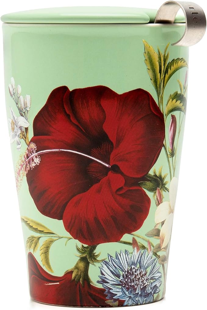 Tea Forte Double-Walled Ceramic Kati Cup, Removable Stainless Steel Infuser Basket and Lid, Steeps 12 oz Loose Leaf Tea, Dishwasher & Microwave Safe, Fleur