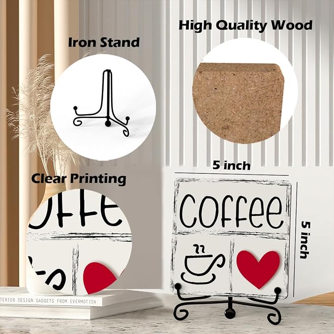 Funny Coffee Signs, Coffee Heart Sign, Funny Coffee Bar Desk Decor, Coffee Signs For Coffee Station, Coffee Shelf Decor, Farmhouse Rustic Wooden Plaque With Stand (C16) - Image 3