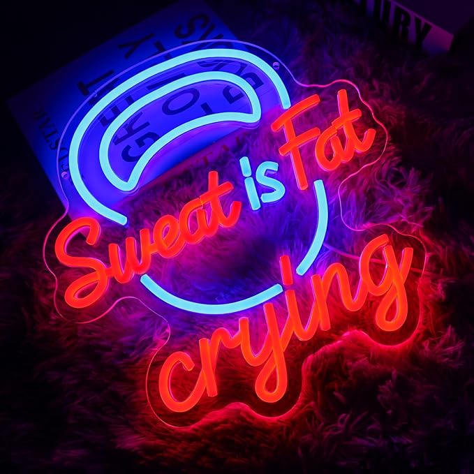 Sweat Is Fat Crying Neon Sign for Wall Decor Dimmable Gym Led Sign for Fitness Room Funny Neon Light for Workout Room Garage Man Cave Club Party Decor Gift for Trainer Exercise Lover
