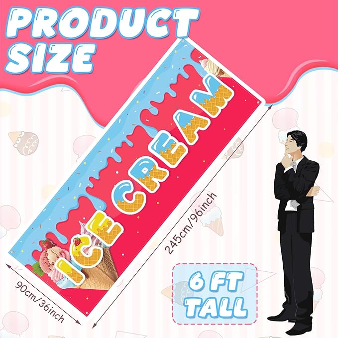 Tegeme Ice Cream Banners Sign 3 x 8 ft/ 36 x 96 Inches Ice Cream Flag Oxford Fabric Banners with 10 Holes for Business Store Outside