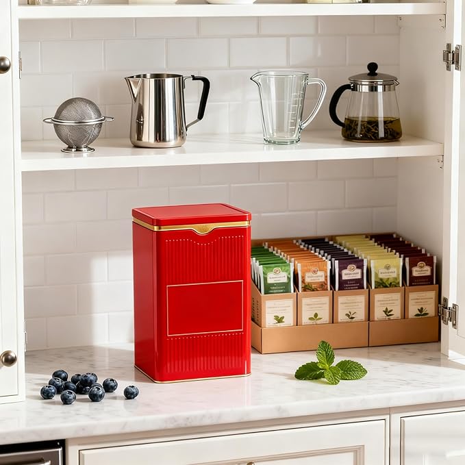 HAN SHENG Square Airtight Tea Tins - Red, Food Storage Containers for Loose Tea, Coffee, Spices (5.9"x3.4"x2.8")