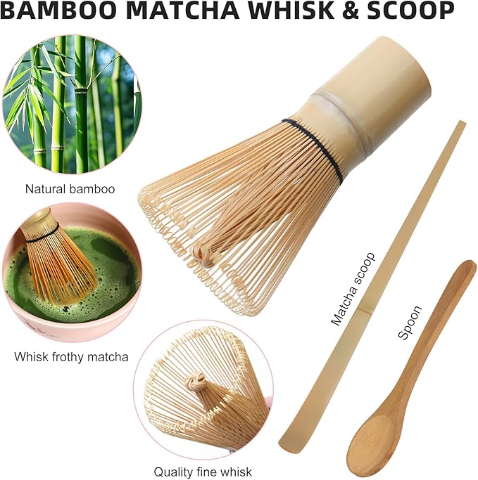 Matcha Whisk Set, Ceremonial Grade Pink Matcha Set, Premium Japanese Matcha Kit with Bamboo Whisk for Matcha Tea, Mixing Bowl, Scoop, Sifter and Matcha Whisk Holder