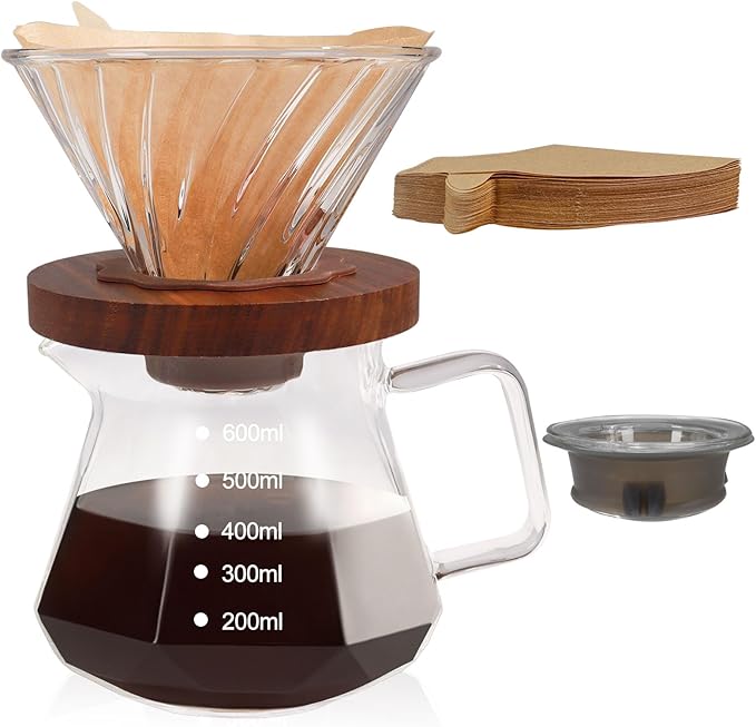 Pour Over Coffee Maker 20.3oz Portable Glass Coffee Maker High Borosilicate Glass Eagle Beak Spout Design with 100 Pcs Filter Paper Walnut Wood Base for Pour Over for Daily Brewing 600ml