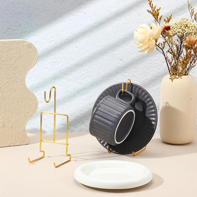 2 Pcs Tea Cup and Saucer Display Stand Metal Saucer Organizer Plate Coffee Mug Hanger Stand Tray Easel Holder Storage Rack for Afternoon Tea Party