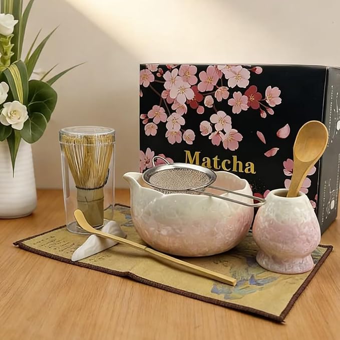 Matcha Set, 8Pcs Crystalline Glaze Ceramic Matcha Kit with Matcha Whisk, Holder, Scoop, Scoop Rest, Sifter, Spoon and Tea Towel - Thoughtful Matcha Whisk Set Gift for Matcha Lovers (Pink)