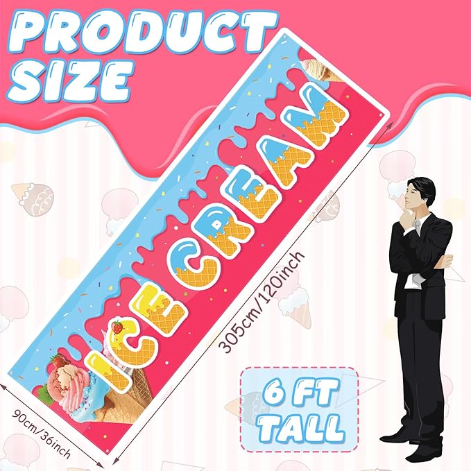 Tegeme Ice Cream Banners Sign 3 x 10 ft/ 36 x 120 Inches Ice Cream Flag Oxford Fabric Banners with 10 Holes for Business Store Outside