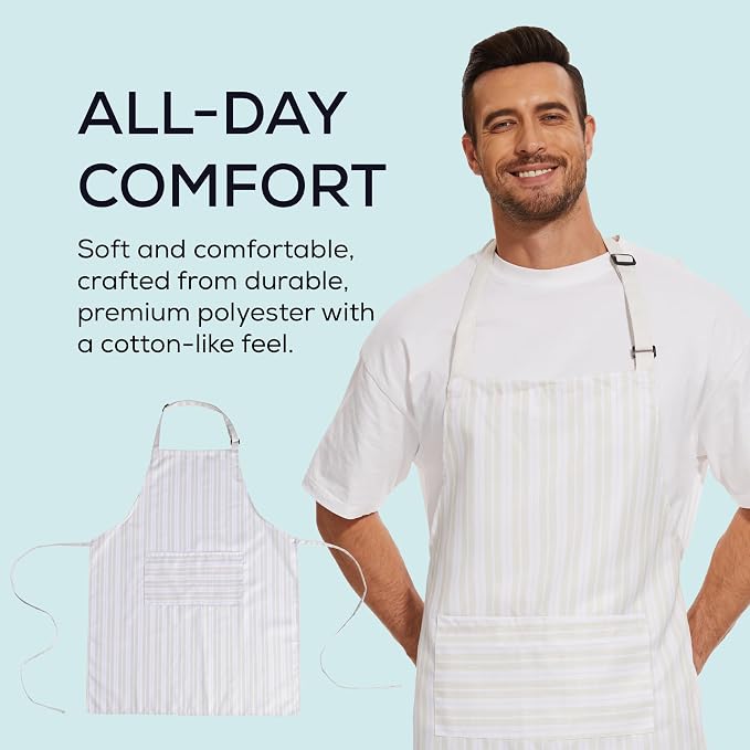 Will Well 2 Pack Bib Apron For Men & Women with 2 Pockets - White Stripe | Unisex 33'' x 27'' Oil & Water Resistant Soft Kitchen Chef Apron with Adjustable Neck Strap & 38'' Waist Ties for Snug Fit - Image 4