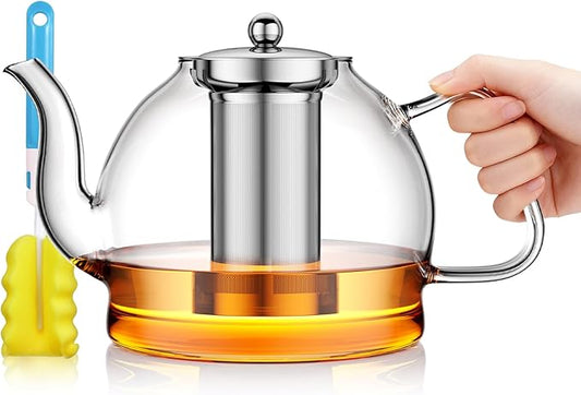 1800ml Glass Teapot with Infuser, Stovetop Safe Large Tea Pot, Hand Crafted Borosilicate Glass Tea Kettle, Blooming and Loose Leaf Tea Maker for Tea Lovers, Tea Gift Set with Cleaning Brush