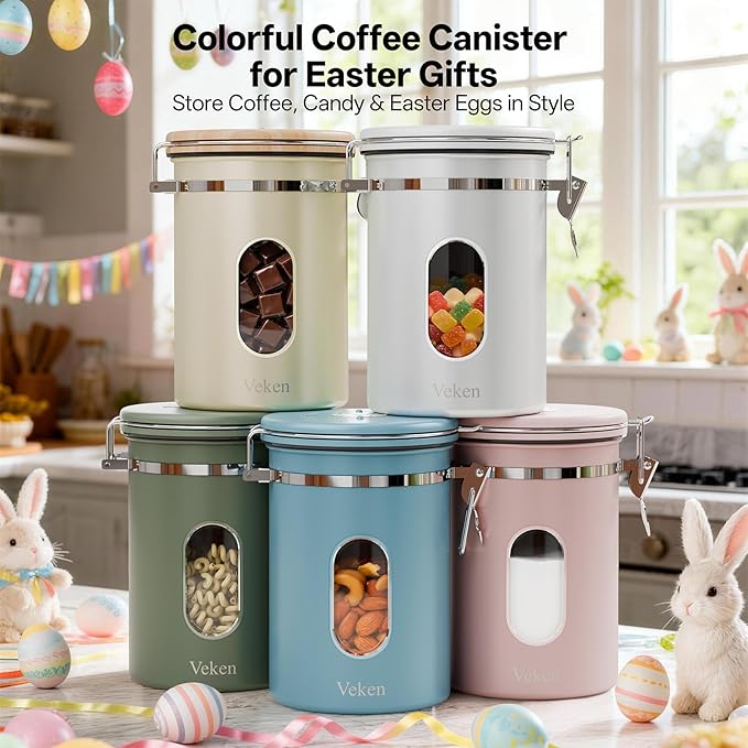Veken Coffee Sugar Canister with Window, Easter Gifts Airtight Stainless Steel Container with Lids, Home Kitchen Food Storage Jars for Grounds, Beans, Tea, Flour, Cereal, Basket, Scoop, 22OZ, Cream