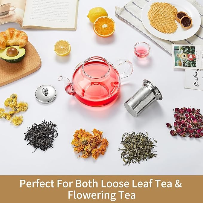 24 Pack 40OZ (1200ML) Glass Teapot with Infuser Stovetop Safe, Clear Glass Tea Pot Kettle, Borosilicate Tea Pot with Infusers Filter for Loose Tea, Tea Kettle Dishwasher Safe