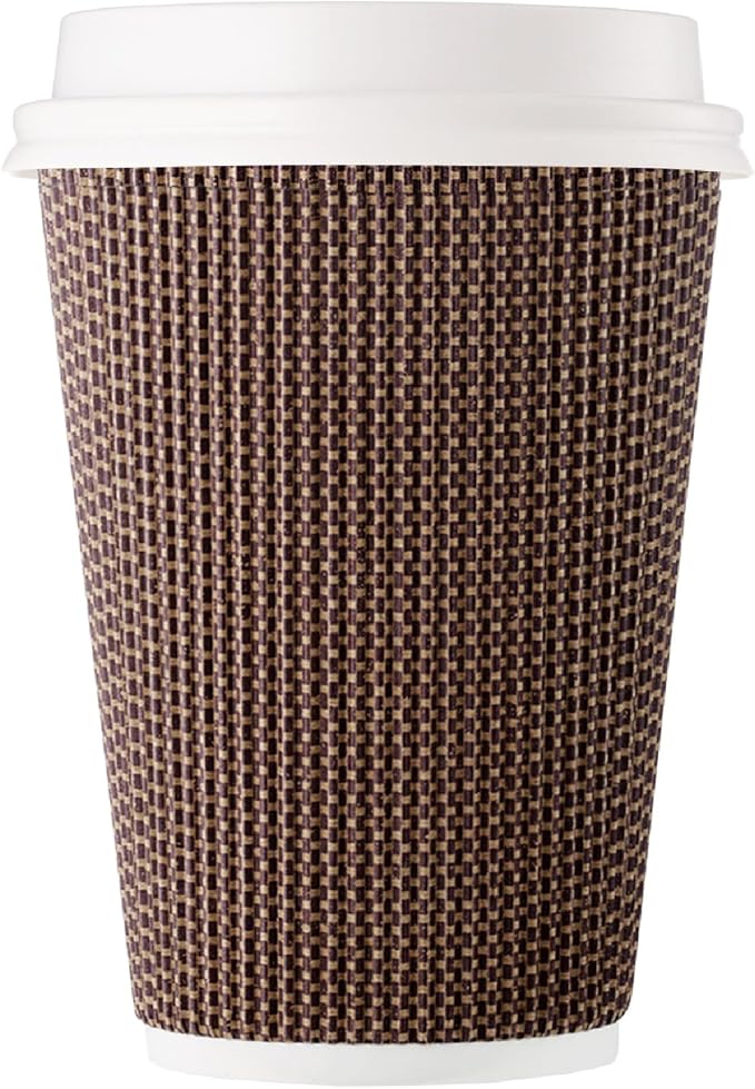 [1000 SET]Harvest Pack 12 oz Disposable Coffee Cups, Insulated Ripple Double-Walled Paper Cups with White Lids, Brown Geometric, Leak-Proof Drinking Cups for Tea Hot Chocolate Drinks To go coffee cups