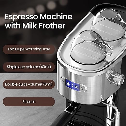 20 Bar Espresso Machine, Professional Stainless Steel Coffee Maker with LCD Display, 45oz Removable Water Tank, Home & Office Espresso Maker for Cappuccino Latte Macchiato, Black
