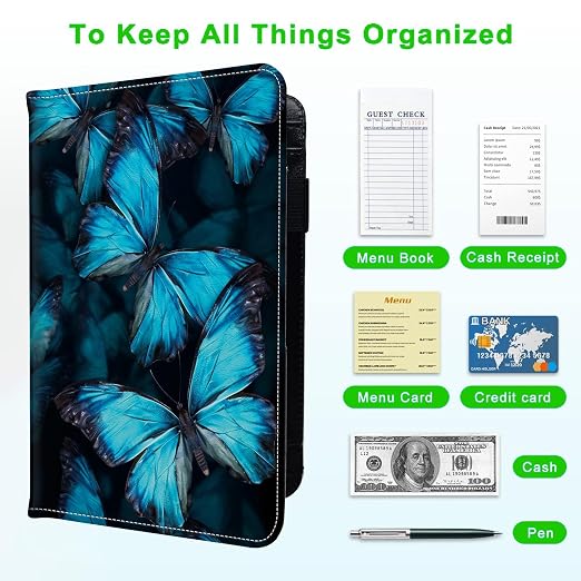 Server Books for Waitress, with 7 Large Pockets, Waiter Serving Book, Waitstaff Server Order Pads, Cute PU Leather Server Book with Pen Holder Fit Server Apron, Blue Butterflies - Image 5