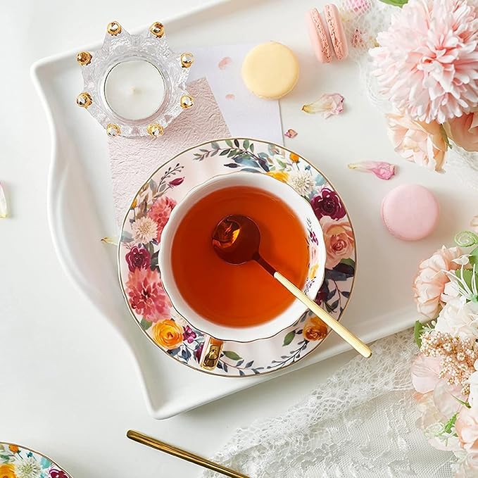 ONEUSTAR Tea Cup and Saucer Set for 1 Bone China English Tea Cup with Spoon Floral Teacup 8 oz British Coffee Latte Mug for Mother's Day Gifts, Pink