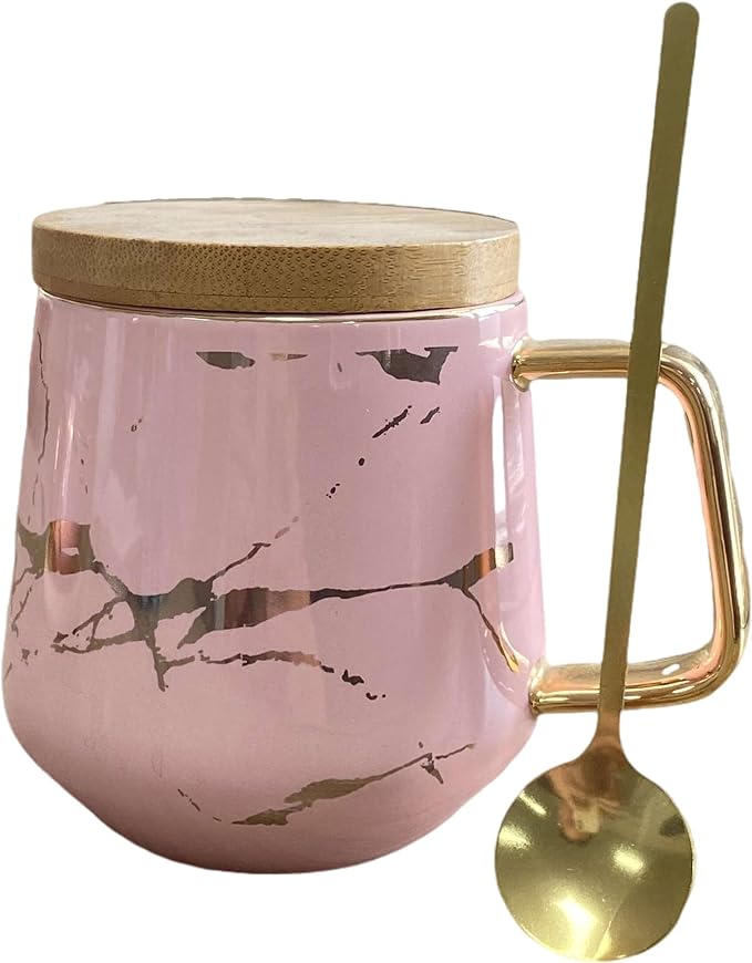 YBK Tech Porcelain Tea Cup Coffee Mug Set for Afternoon Tea - Marble Pattern (Pink, Tall 400ml + wood lid)