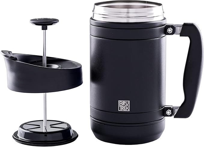 BruTrek® by Planetary Design BaseCamp Coffee Press - Double Wall Insulated Stainless Steel - Bru-Stop Technology, No Grounds in Coffee, No Spill Lid (Obsidian, 32 fl.oz)