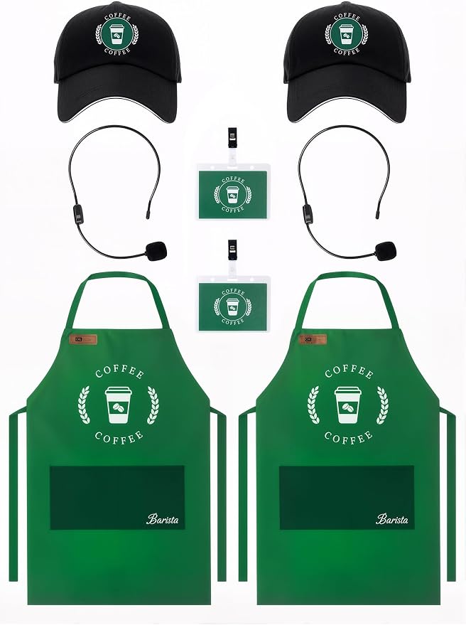 Halloween Barista Costume for Couples Cosplay, Duo Costumes for Best Friend | Simple Couples Halloween Costumes with Green Apron and Cap for Adult, Coffee Maker Outfit by Pextian