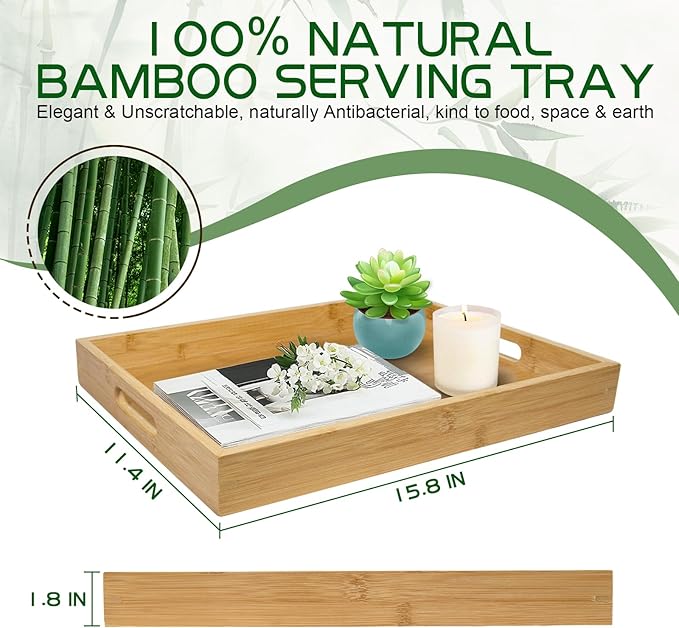 MAONAME Bamboo Serving Tray with Handles, Rectangular Decorative Tray for Coffee Table, Modern Ottoman Trays for Living Room, Kitchen, 15.8” x 11.4” x 1.8”