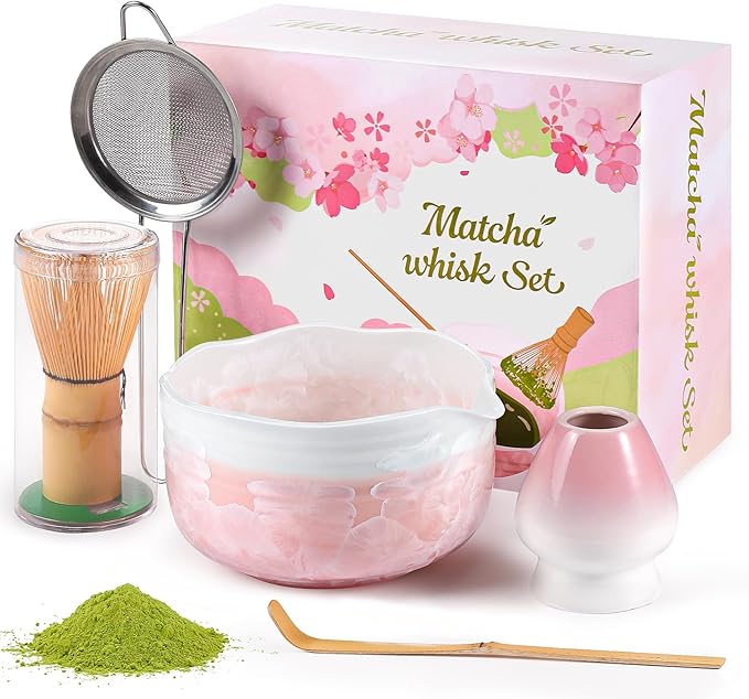 Birthday Gifts for Women: Matcha Whisk Set with Ceramic Matcha Bowl - Bamboo Matcha Whisk & Holder,Bamboo Scoop,Sifter - Complete Matcha Kit 5 Pcs - Gift for Matcha Lovers