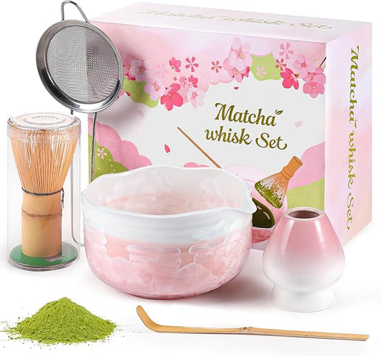 Birthday Gifts for Women: Matcha Whisk Set with Ceramic Matcha Bowl - Bamboo Matcha Whisk & Holder,Bamboo Scoop,Sifter - Complete Matcha Kit 5 Pcs - Gift for Matcha Lovers