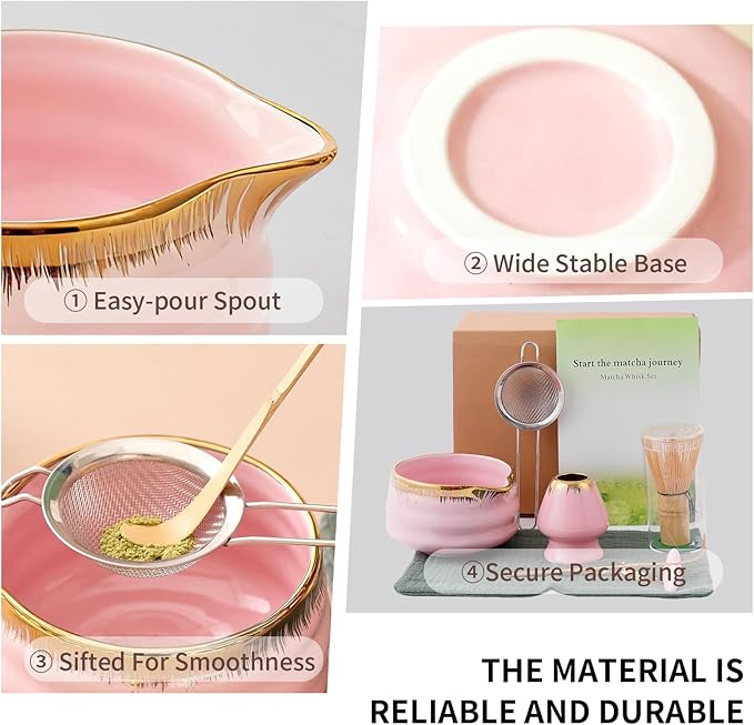 7-Piece Matcha Set: Matcha Bowl + Bamboo Whisk Kit, Ceremonial Matcha Whisk Tools with Golden Texture Details, Japanese Tea Ceremony Starter Kit, Unique Matcha Gift (pink)