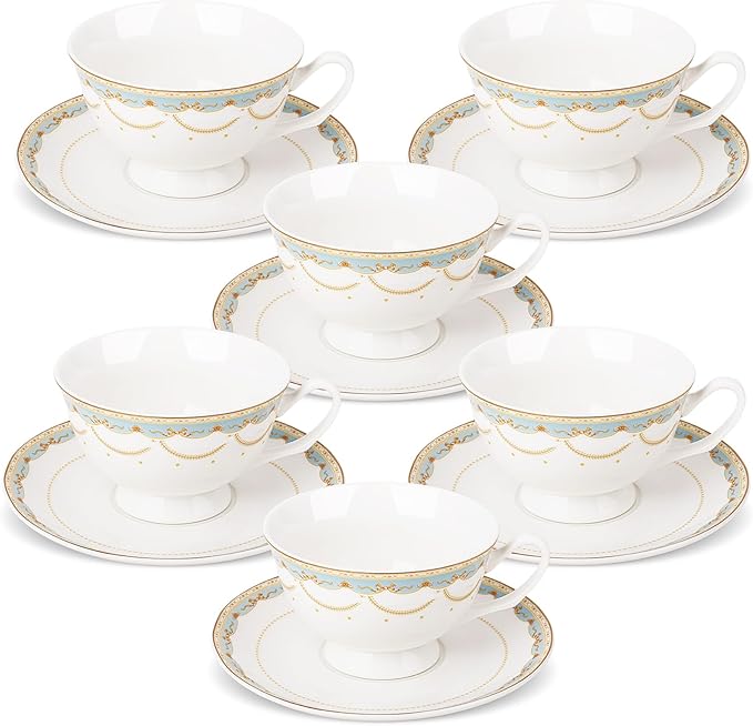 fanquare Blue Lace Teacup and Saucers Set with Gold Trim, Bone China British Coffee Cups and Saucers for Afternoon Tea Coffee Party Gifts