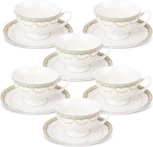 fanquare Blue Lace Teacup and Saucers Set with Gold Trim, Bone China British Coffee Cups and Saucers for Afternoon Tea Coffee Party Gifts